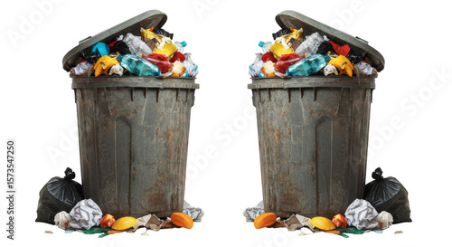 Realistic Illustration of Two Full Trash Cans Overflowing Waste Debris