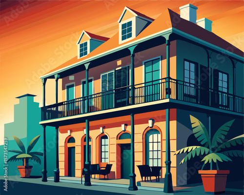 colorful illustration of a charming New Orleans French Quarter home