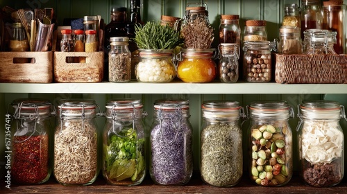Fototapeta Naklejka Na Ścianę i Meble -  Open-shelf kitchen with jars of spices, dried herbs, and organized ingredients