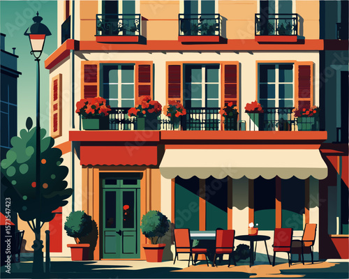 colorful illustration of a classic Parisian café with intricate balconies