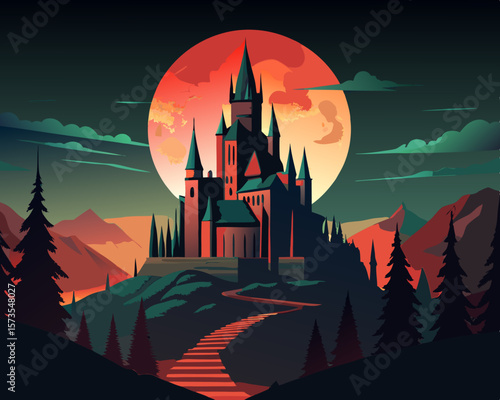 colorful illustration of a dark castle with glowing windows under a blood full moon
