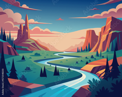 colorful illustration of a dreamlike landscape where rivers flow upward into the horizon
