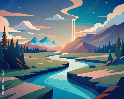 colorful illustration of a dreamlike landscape where rivers flow upward into the horizon