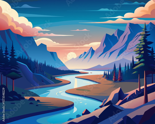colorful illustration of a dreamlike landscape where rivers flow upward into the horizon