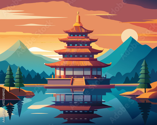 colorful illustration of a floating pagoda on a lake