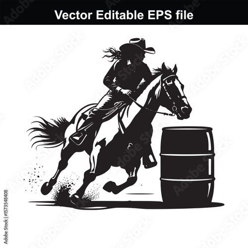 Silhouette of Barrel Racing Featuring a Horse and Rider Approaching a Barrel in an Equestrian Competition Scene