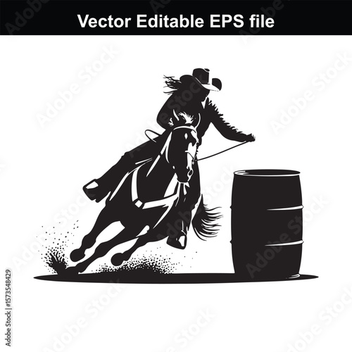 A silhouette Cowboy  barrel racing