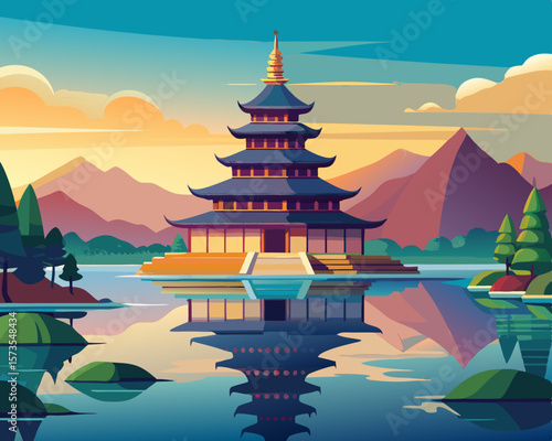colorful illustration of a floating pagoda on a lake