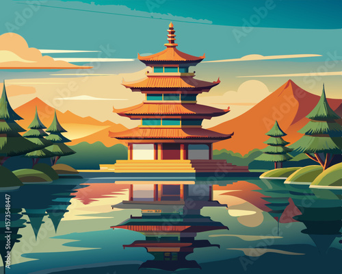 colorful illustration of a floating pagoda on a lake