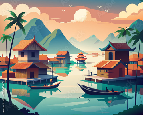 colorful illustration of a floating village in Vietnam with stilted houses