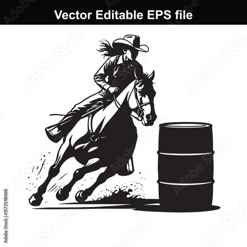 Silhouette of Barrel Racing Featuring a Horse and Rider Approaching a Barrel in an Equestrian Competition Scene