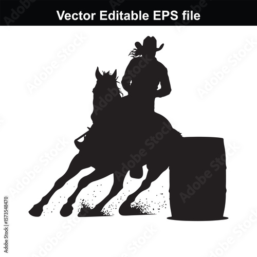 Silhouette of Barrel Racing Featuring a Horse and Rider Approaching a Barrel in an Equestrian Competition Scene