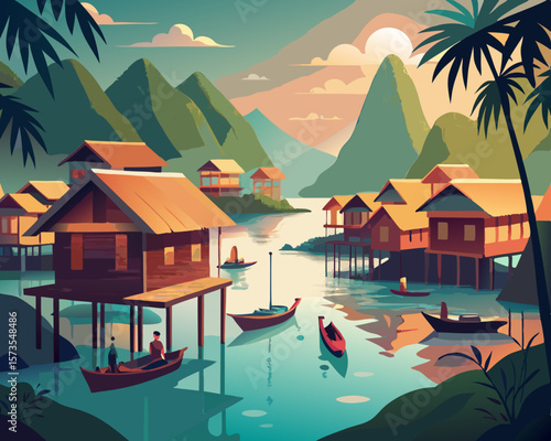 colorful illustration of a floating village in Vietnam with stilted houses