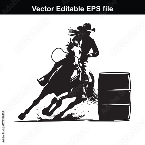 Silhouette of Barrel Racing Featuring a Horse and Rider Approaching a Barrel in an Equestrian Competition Scene