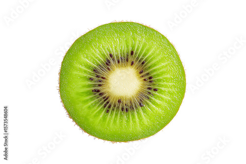 Fresh kiwi fruit slice cross-section isolated on white transparent background.