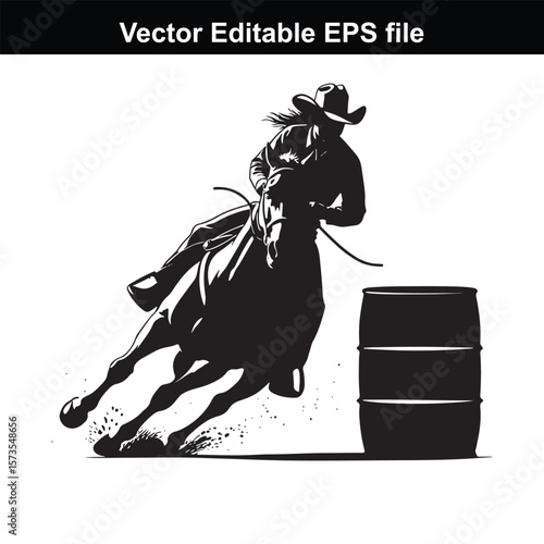 Silhouette of Barrel Racing Featuring a Horse and Rider Approaching a Barrel in an Equestrian Competition Scene