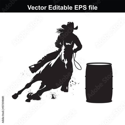 Silhouette of Barrel Racing Featuring a Horse and Rider Approaching a Barrel in an Equestrian Competition Scene