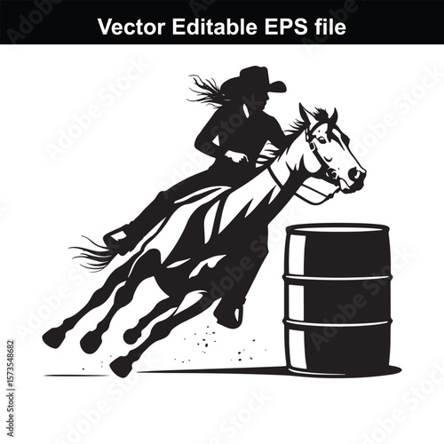 Silhouette of Barrel Racing Featuring a Horse and Rider Approaching a Barrel in an Equestrian Competition Scene