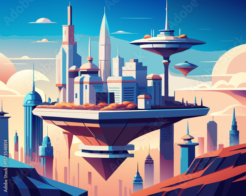 colorful illustration of a futuristic floating city with advanced architects