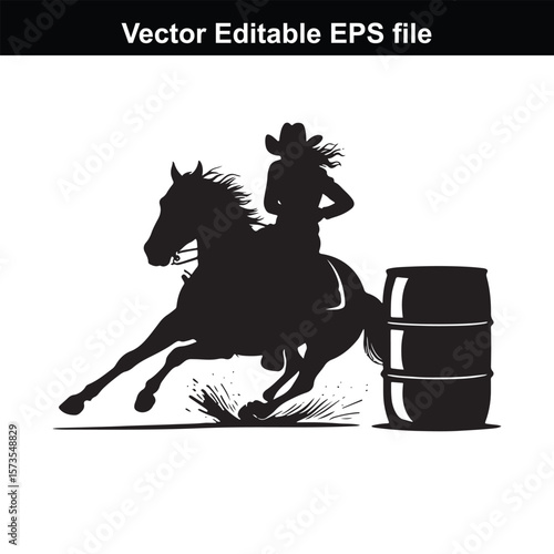 Silhouette of Barrel Racing Featuring a Horse and Rider Approaching a Barrel in an Equestrian Competition Scene
