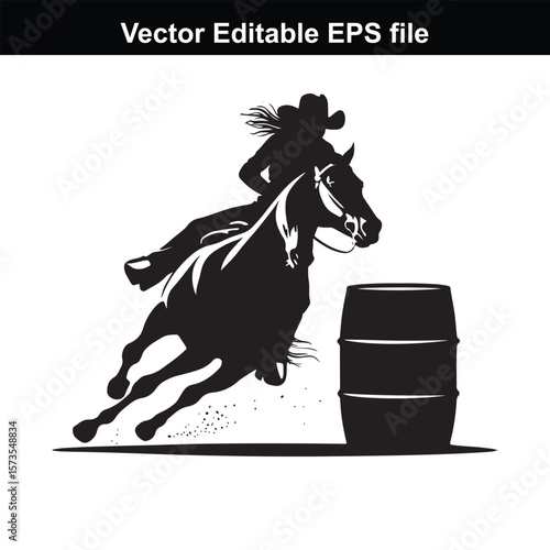 Silhouette of Barrel Racing Featuring a Horse and Rider Approaching a Barrel in an Equestrian Competition Scene