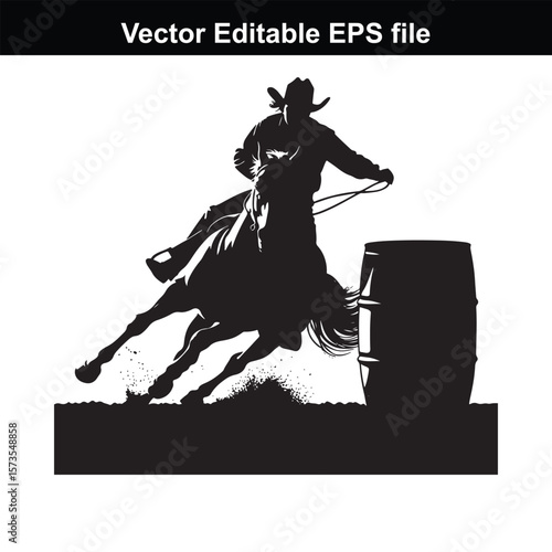 Silhouette of Barrel Racing Featuring a Horse and Rider Approaching a Barrel in an Equestrian Competition Scene