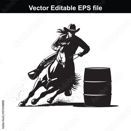Silhouette of Barrel Racing Featuring a Horse and Rider Approaching a Barrel in an Equestrian Competition Scene