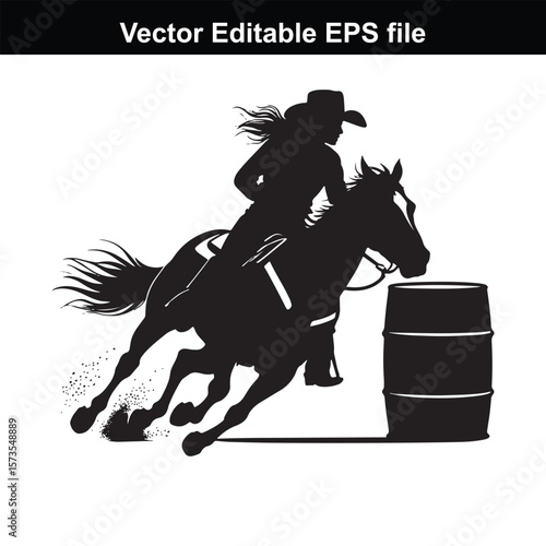Silhouette of Barrel Racing Featuring a Horse and Rider Approaching a Barrel in an Equestrian Competition Scene