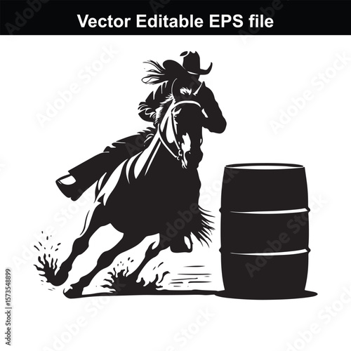 Silhouette of Barrel Racing Featuring a Horse and Rider Approaching a Barrel in an Equestrian Competition Scene