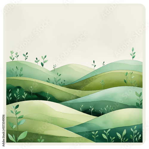 Serene Green Hills Landscape Watercolor Illustration