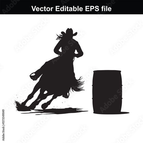 A silhouette Cowgirl  barrel racing