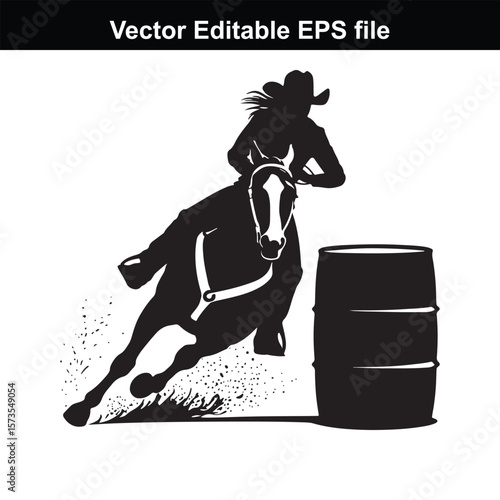 Silhouette of Barrel Racing Featuring a Horse and Rider Approaching a Barrel in an Equestrian Competition Scene