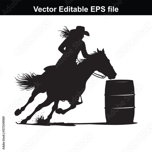 Silhouette of Barrel Racing Featuring a Horse and Rider Approaching a Barrel in an Equestrian Competition Scene