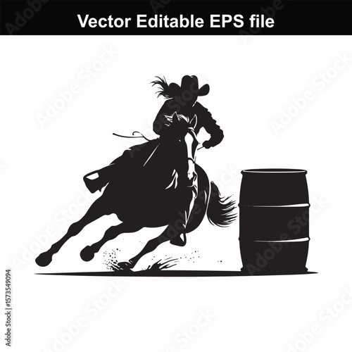 Silhouette of Barrel Racing Featuring a Horse and Rider Approaching a Barrel in an Equestrian Competition Scene
