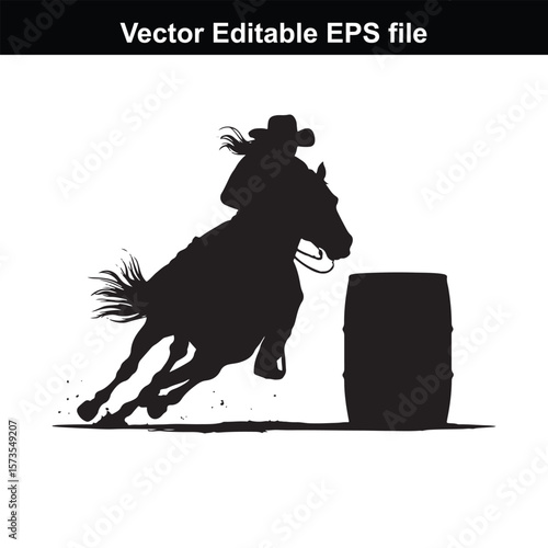 A silhouette Cowboy  barrel racing