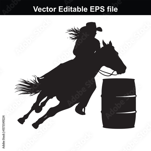 A silhouette Cowboy  barrel racing