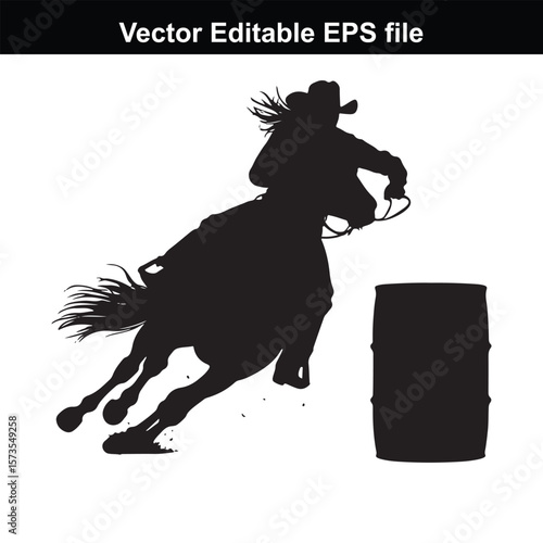 Silhouette of Barrel Racing Featuring a Horse and Rider Approaching a Barrel in an Equestrian Competition Scene