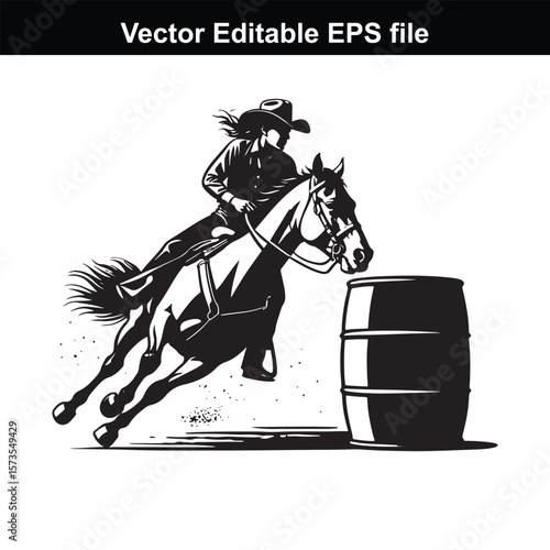 A silhouette Cowgirl  barrel racing