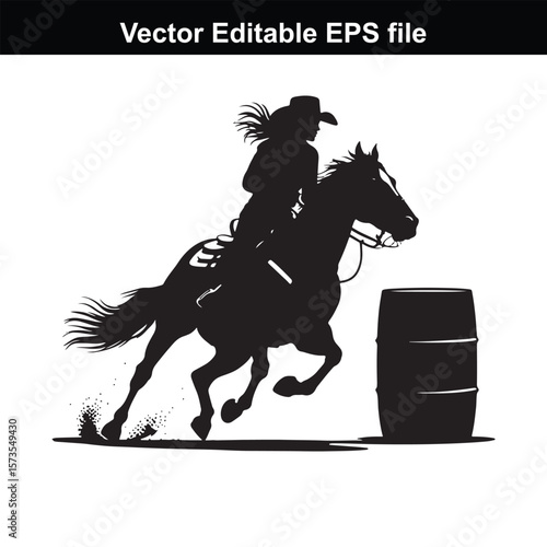 Silhouette of Barrel Racing Featuring a Horse and Rider Approaching a Barrel in an Equestrian Competition Scene