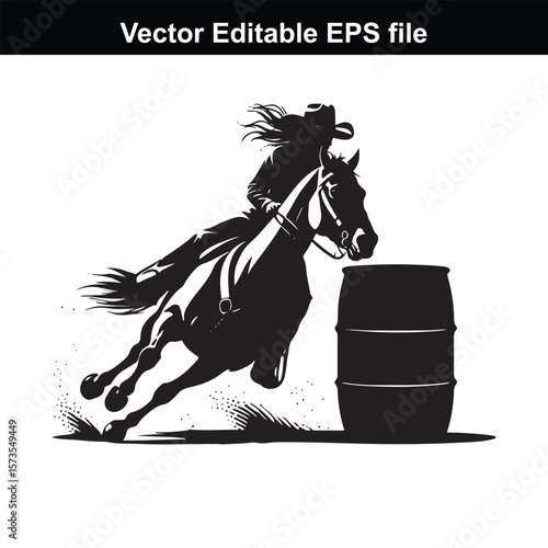 Silhouette of Barrel Racing Featuring a Horse and Rider Approaching a Barrel in an Equestrian Competition Scene