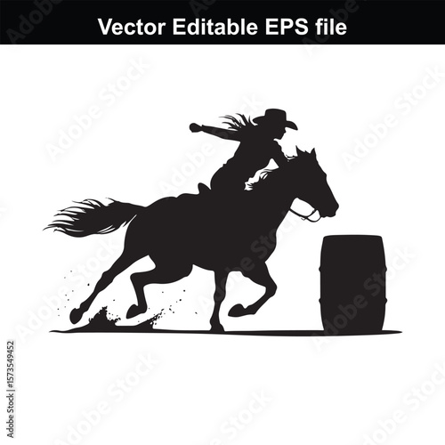 Silhouette of Barrel Racing Featuring a Horse and Rider Approaching a Barrel in an Equestrian Competition Scene