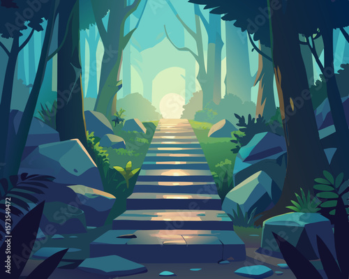 colorful illustration of a glowing stone pathway leading through an ancient forest