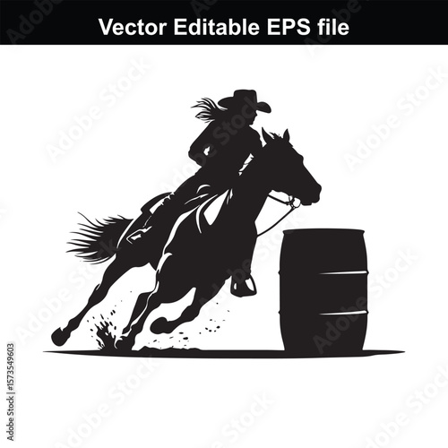 Silhouette of Barrel Racing Featuring a Horse and Rider Approaching a Barrel in an Equestrian Competition Scene