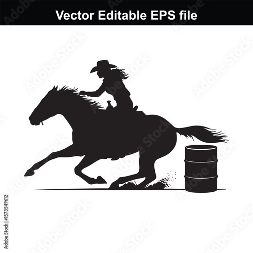 Silhouette of Barrel Racing Featuring a Horse and Rider Approaching a Barrel in an Equestrian Competition Scene