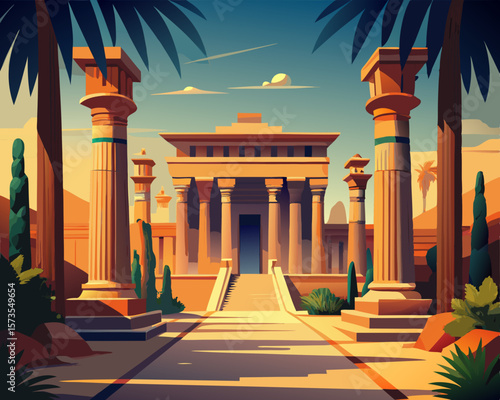 colorful illustration of a grand Egyptian palace with tall columns and ancient tomb