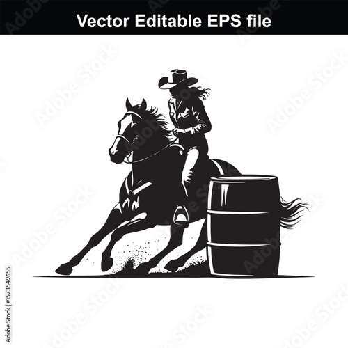 A silhouette Cowgirl  barrel racing