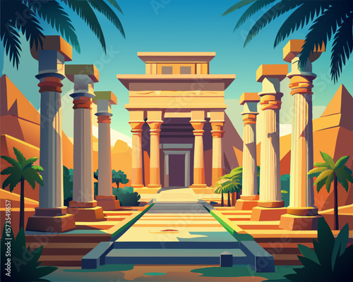 colorful illustration of a grand Egyptian palace with tall columns and ancient tomb