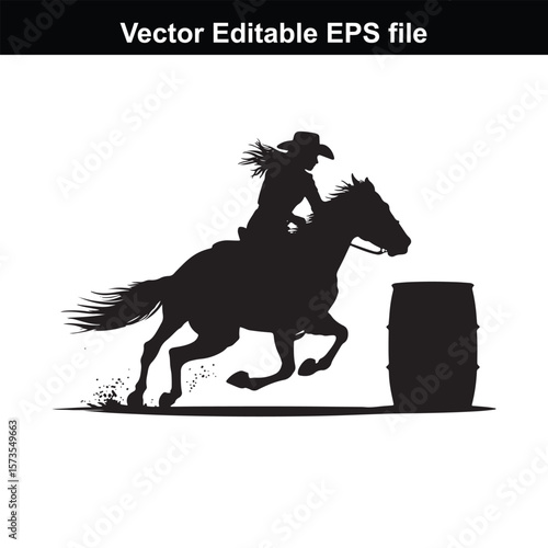 A silhouette Cowgirl  barrel racing