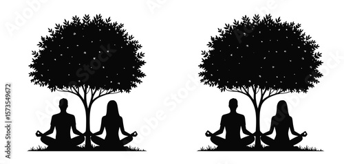 Two silhouettes of people meditating under a tree