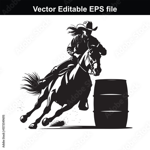 A silhouette Cowgirl  barrel racing